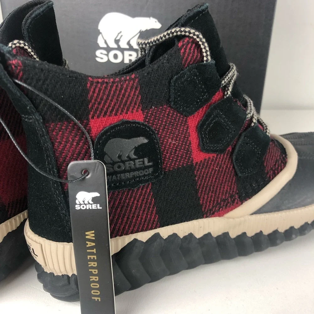 Sorel Out N About Plus Buffalo Plaid Textile & Suede Waterproof Booties Boots - Picture 7 of 9